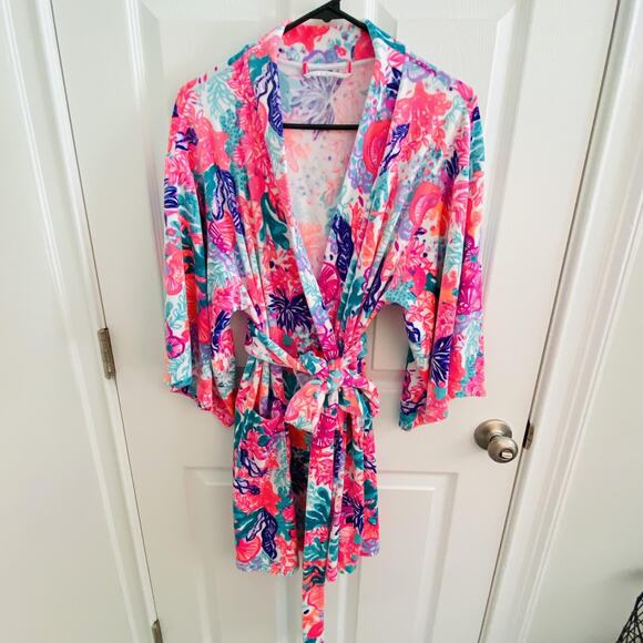 Lilly Pulitzer Floral Robe Womens L Seaside Carnivale Velour Elaine preppy comfy - Picture 1 of 4